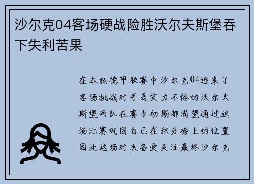 沙尔克04客场硬战险胜沃尔夫斯堡吞下失利苦果